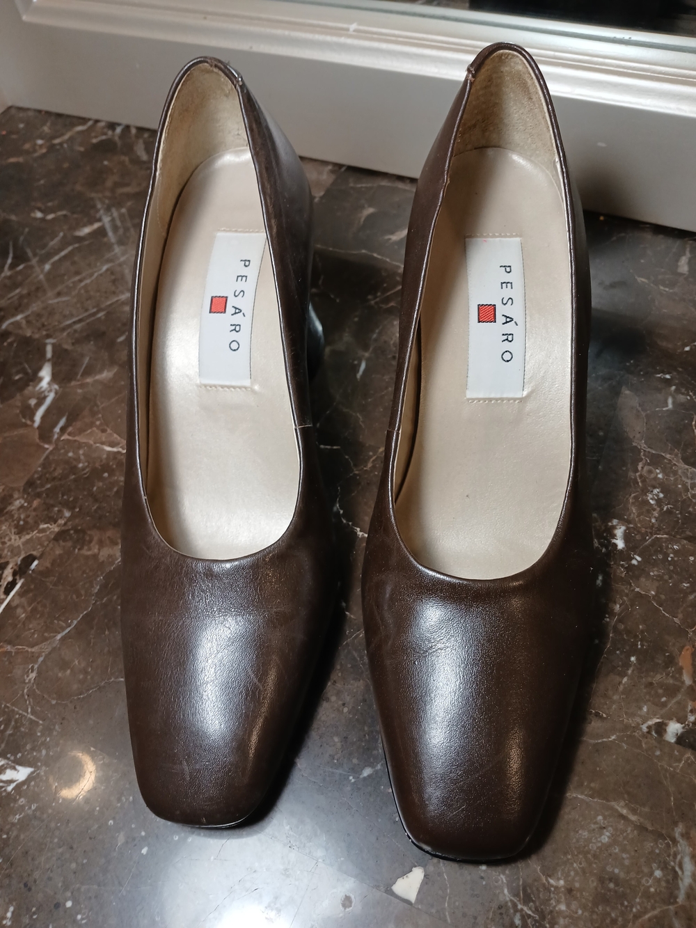 Pesaro Dark Brown Leather Square-Toe Pumps